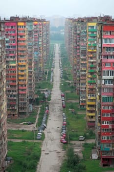 Eastern European apartment blocks. AI generative.