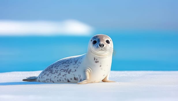 Harp seal pup resting on an ice floe, with bright blue Arctic waters in the background.