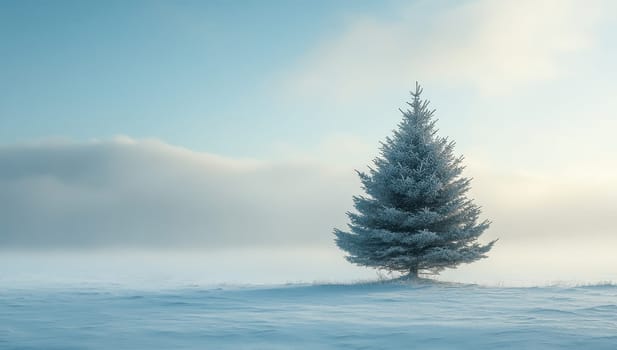 Solitary snow covered pine tree in a field. Concept of winter, christmas, nature, and solitude.