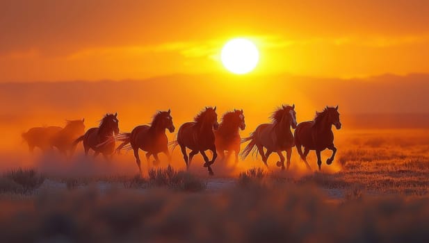 Wild horses running free at sunset. Concept of freedom, power, and the beauty of nature.