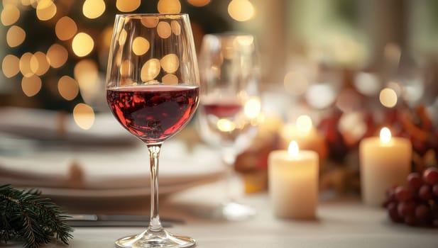 Glass of red wine on festive Christmas table setting. Concept of celebration, holiday, and fine dining.
