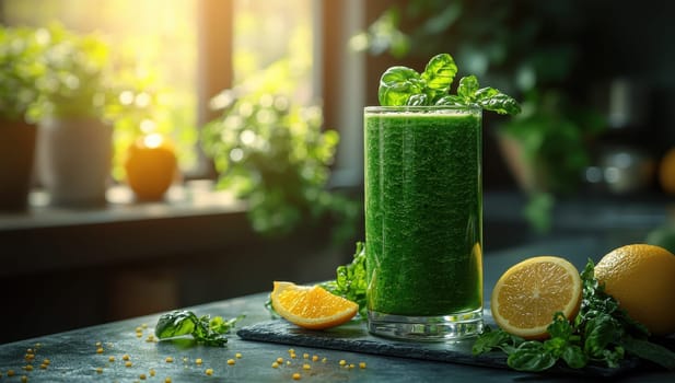 Green smoothie with spinach and citrus fruits. Concept of healthy lifestyle, detox and diet.