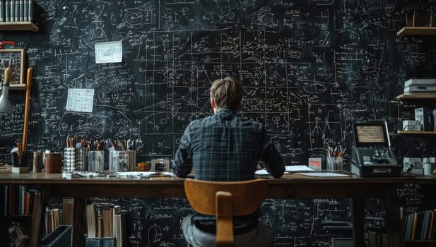 Man researching complex math formulas written on a blackboard. Concept of science, mathematics, physics, research