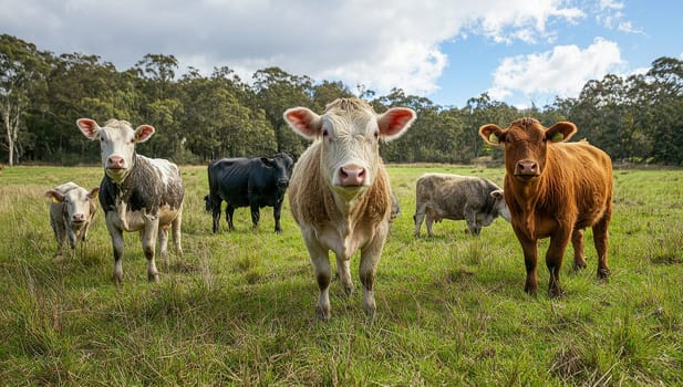 Herd of cows grazing on a lush green pasture. Concept of dairy farming, sustainable agriculture, and rural life.