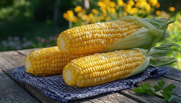 Freshly harvested sweet corn on the cob. Concept of summer, farming, and healthy eating.