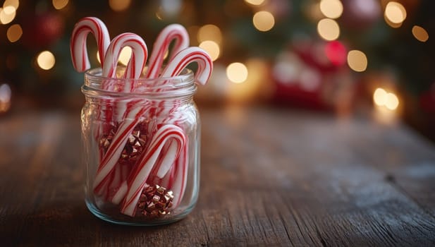 Candy canes in glass jar, Christmas tree lights in background.