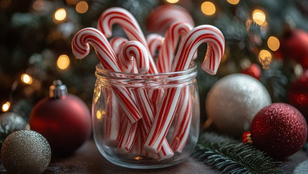 Christmas Candy Canes,  Festive Jar with Holiday Decorations.