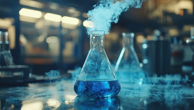 Blue chemical reaction with smoke in a flask. Concept of science, chemistry, experiment and laboratory