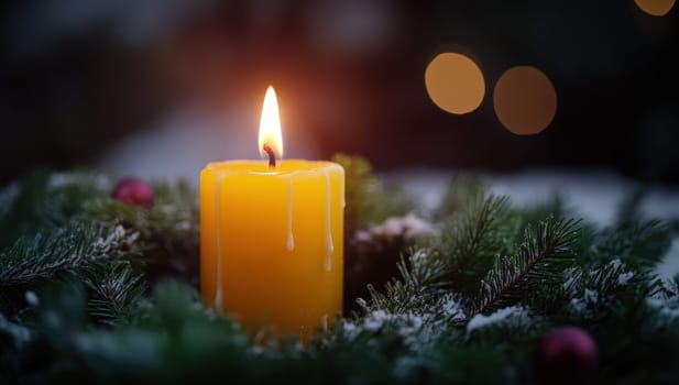 Glowing candle in Advent wreath during snowfall. Concept of Christmas, winter holidays, and festive season.