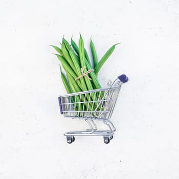 Creative scandinavian style flat lay top view of fresh green beans in shopping cart on white concrete table background copy space. Minimal house cooking concept template for blog or recipe book