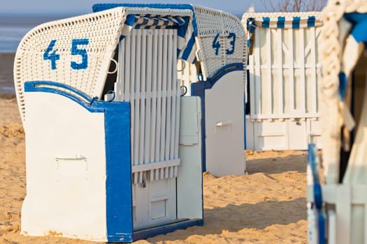 Beach wicker chairs strandkorb in Northern Germany. North sea