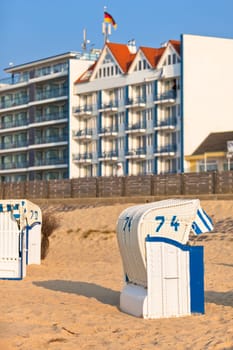 BeachÊwickerÊchairs strandkorbÊand hotels in Northern Germany. North sea, Duhnen town