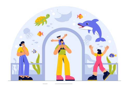 Aquarium Vector Illustration featuring an Underwater Scene with Fish Observation, Sea Animals, and Various Marine Flora and Fauna in a Background