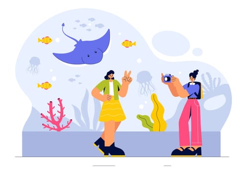 Aquarium Vector Illustration featuring an Underwater Scene with Fish Observation, Sea Animals, and Various Marine Flora and Fauna in a Background