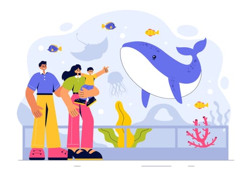 Aquarium Vector Illustration featuring an Underwater Scene with Fish Observation, Sea Animals, and Various Marine Flora and Fauna in a Background
