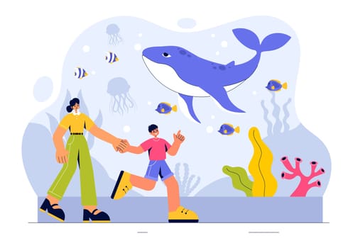Aquarium Vector Illustration featuring an Underwater Scene with Fish Observation, Sea Animals, and Various Marine Flora and Fauna in a Background