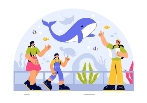 Aquarium Vector Illustration featuring an Underwater Scene with Fish Observation, Sea Animals, and Various Marine Flora and Fauna in a Background
