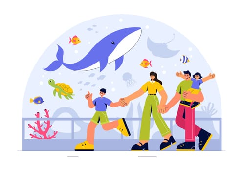 Aquarium Vector Illustration featuring an Underwater Scene with Fish Observation, Sea Animals, and Various Marine Flora and Fauna in a Background
