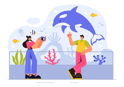 Aquarium Vector Illustration featuring an Underwater Scene with Fish Observation, Sea Animals, and Various Marine Flora and Fauna in a Background