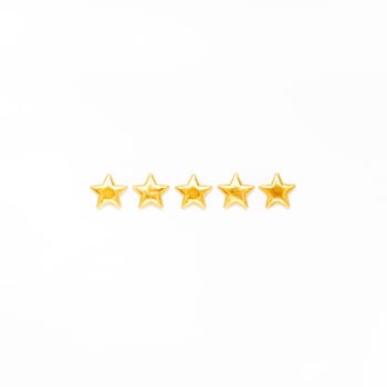 Customer Experience Feedback Concept. Golden five 5 stars, best excellent services rating for satisfaction isolated on white background. Top view, copy space for your text