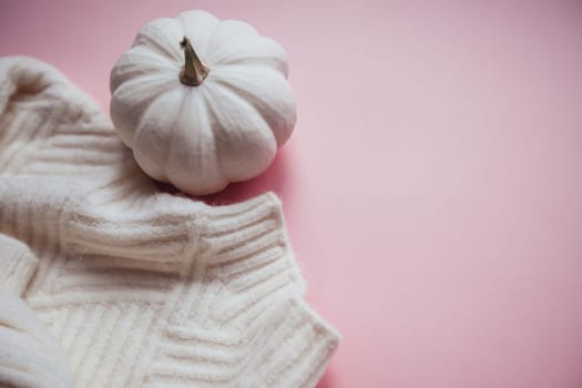 Creative autumn white sweater and pumpkin on millennial pink background copy space minimal style with natural light and shadows. Fall season template for feminine blog social media