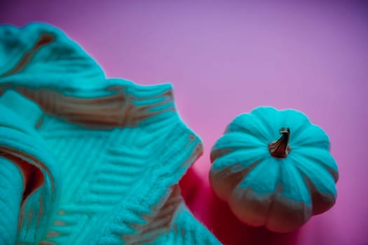 Creative autumn sweater and pumpkin composition in neon pink purple and green lights color background copy space minimal style. Fall season trendy template for feminine blog social media