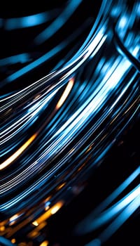 Fluid smooth lines intertwining on a deep black background, enriched by vibrant colors and a captivating bokeh effect that draws attention. Dynamic light traces in grey blue and yellow. Generative AI.