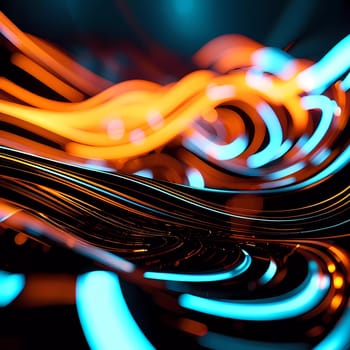 Fluid smooth lines intertwining on a deep black background, enriched by vibrant colors and a captivating bokeh effect that draws attention. Dynamic light traces in grey, blue, red and yellow. AI.