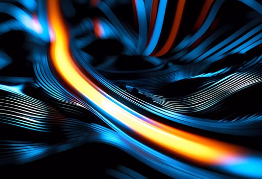 Fluid smooth lines intertwining on a deep black background, enriched by vibrant colors and a captivating bokeh effect that draws attention. Dynamic light traces in grey blue and yellow. Generative AI.