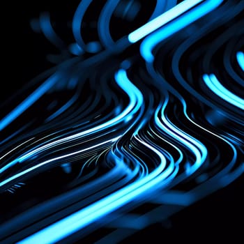 A striking display of smooth lines in vivid indigo and light blue creating an anamorphic bokeh effect set against a deep black backdrop. This abstract art dances with light and movement Generative AI
