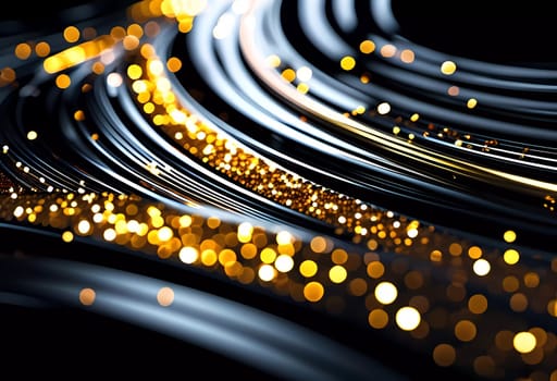 Fluid smooth lines intertwining on a deep black background, enriched by vibrant colors and a captivating bokeh effect draws attention. Dynamic light traces in grey, golden and yellow. Generative AI.