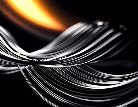 Fluid smooth lines intertwining on a deep black background, enriched by vibrant colors and a captivating bokeh effect draws attention. Dynamic light traces in grey, golden and yellow. Generative AI.