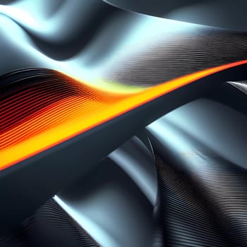 Fluid smooth lines intertwining on a deep black background, enriched by vibrant colors and a captivating bokeh effect that draws attention. Dynamic light traces in grey, blue, red and yellow. AI.
