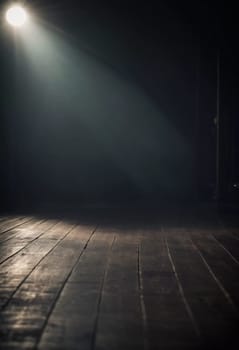 A dark corridor stretches out ahead, illuminated by a faint overhead light that creates ominous shadows along the wooden floor, evoking a chilling atmosphere. Generative AI.