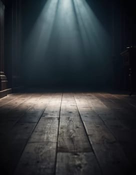 A dark corridor stretches out ahead, illuminated by a faint overhead light that creates ominous shadows along the wooden floor, evoking a chilling atmosphere. Generative AI.