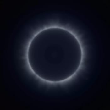 During the total solar eclipse, the moon completely obscures the sun, revealing a stunning corona. The dark sky and ethereal light create a captivating moment for spectators. Generative AI.