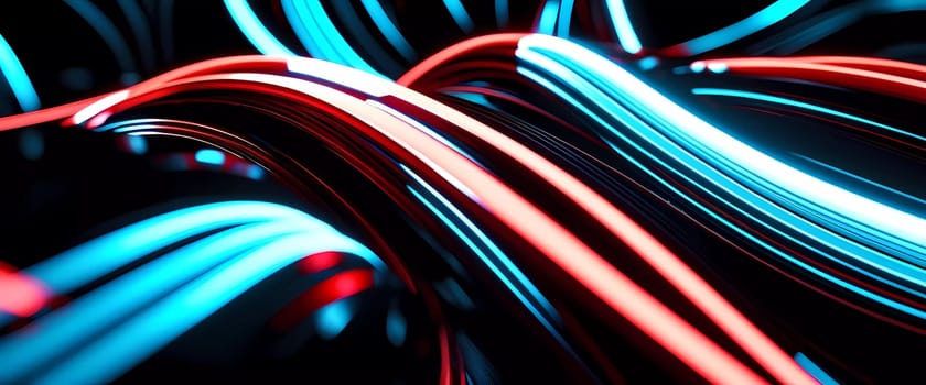 A striking display of smooth lines in vivid red and blue creating an anamorphic bokeh effect, set against a deep black backdrop. This abstract art dances with light and movement. Generative AI.