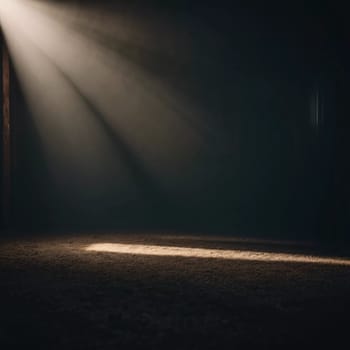 A dark corridor stretches out ahead, illuminated by a faint overhead light that creates ominous shadows along the wooden floor, evoking a chilling atmosphere. Generative AI.