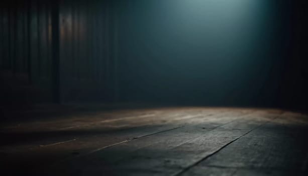 A dark corridor stretches out ahead, illuminated by a faint overhead light that creates ominous shadows along the wooden floor, evoking a chilling atmosphere. Generative AI.
