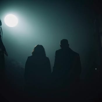 Two figures stand hand in hand, illuminated by a faint light, as they venture into the dark and foggy landscape filled with mysterious shadows. Generative AI.