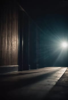 A dark corridor stretches out ahead, illuminated by a faint overhead light that creates ominous shadows along the wooden floor, evoking a chilling atmosphere. Generative AI.