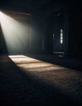 A dark corridor stretches out ahead, illuminated by a faint overhead light that creates ominous shadows along the wooden floor, evoking a chilling atmosphere. Generative AI.