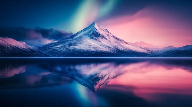 Beautiful Northern lights over the snowy mountains with reflection in water at winter night. AI generated