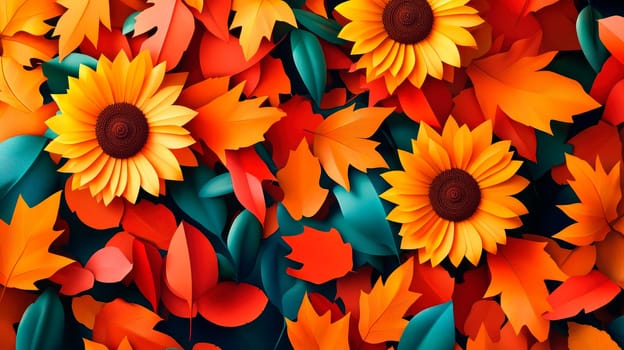 A flat lay composition of color paper cut autumn leaves and flowers. AI generated