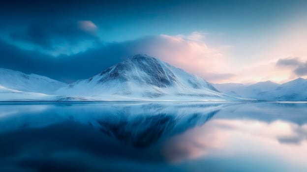 Beautiful landscape of the snowy mountains with reflection in water. AI generated