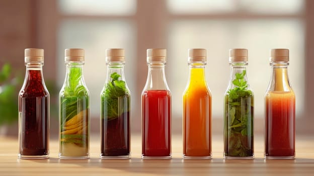 Bottles with different sauces for salad on a kitchen table. AI generated