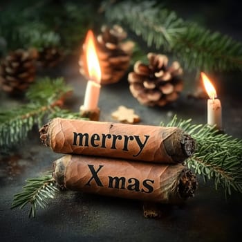 Two rolled papers display Christmas greetings near candles and pine cones surrounded by evergreen branches evoking holiday cheer.