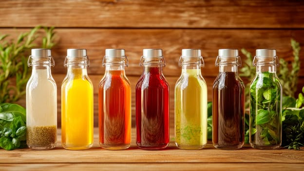 Bottles with different sauces for salad on a wooden background. AI generated
