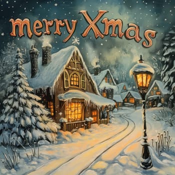 A charming village covered in snow showcases warm lights from cozy cottages trees adorned with snowflakes creating a delightful winter atmosphere.