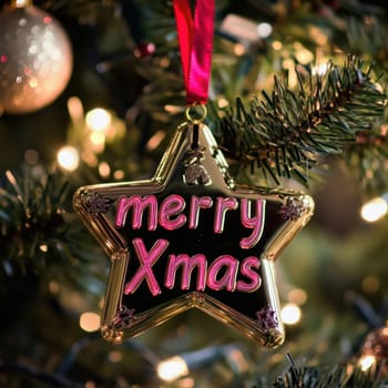 A golden star ornament with merry Xmas letters dangles from a lush green Christmas tree decorated with lights.